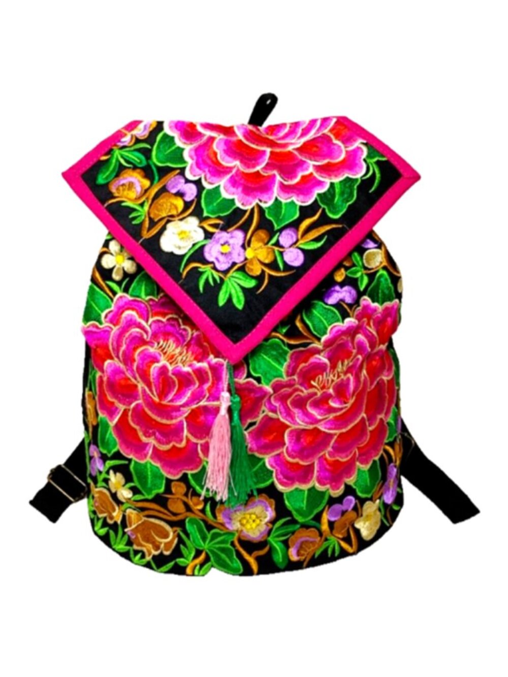 Embroidery Peony Backpack Pink Red Floral Handmade Canvas Shoulder ToteBag Large